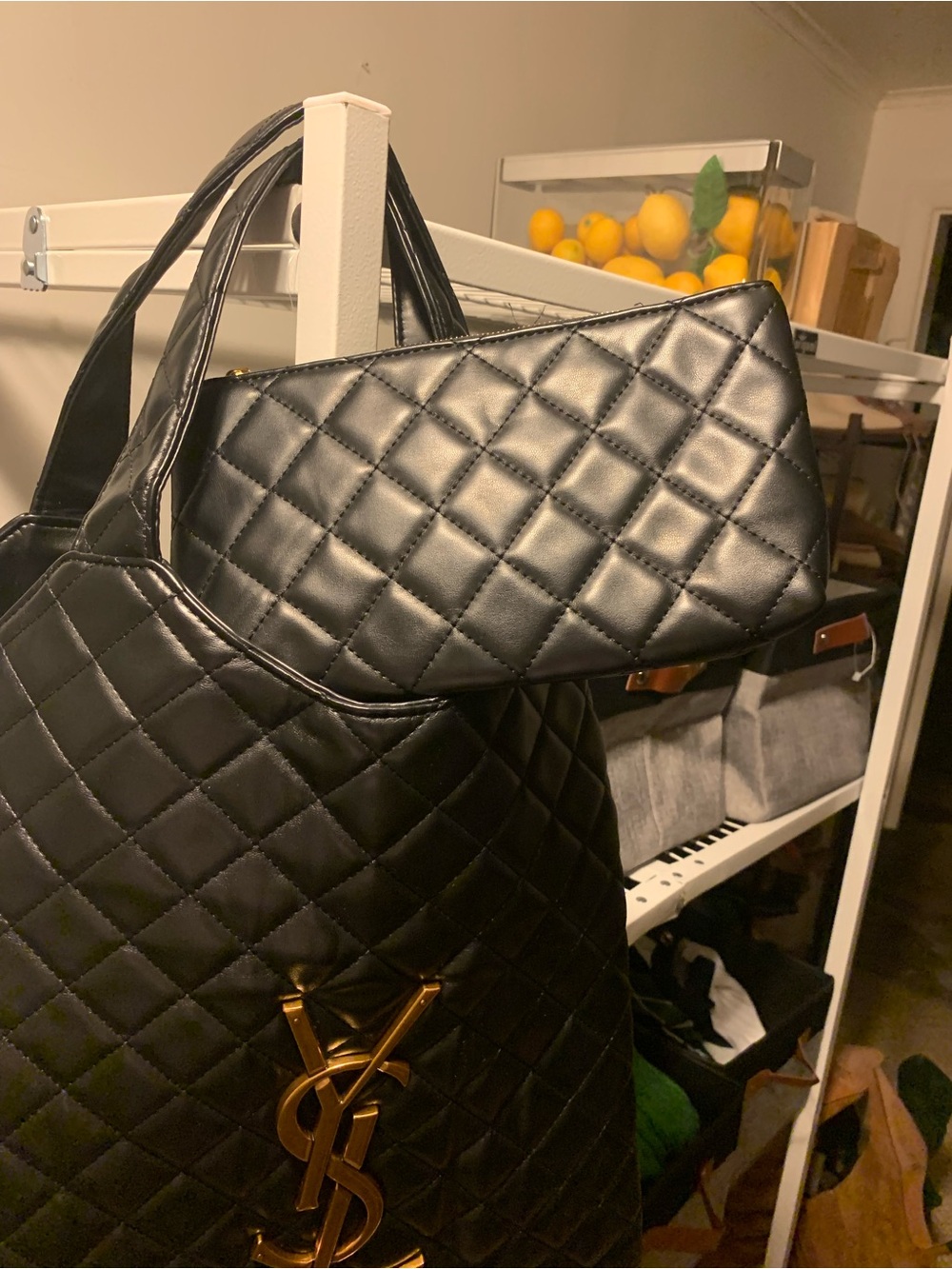 Yves Saint Laurent Black Quilted Tote with Gold YSL Emblem and Matching Pouch